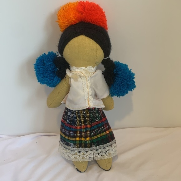 Mexican or South American Colorful Multicolor Cloth Doll with Pompoms - Picture 4 of 5